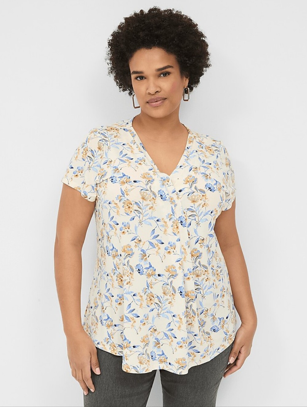 Lane Bryant White Floral Cap-Sleeve Pleat-Front Top Plus Size 22/24